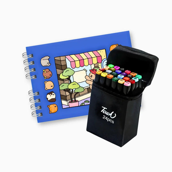 Livro De Colorir Capa Dura Brinde Kit 24 Canetas Marcadoras Ponta Dupla  Diversão Garantida®