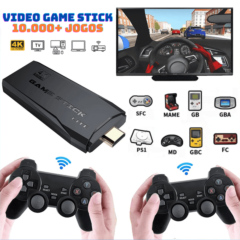 Video Game Diversão Garantida® Retrô Portátil 4K 10.000 Jogos Clássicos 64GB + 2 Controles Sem Fio