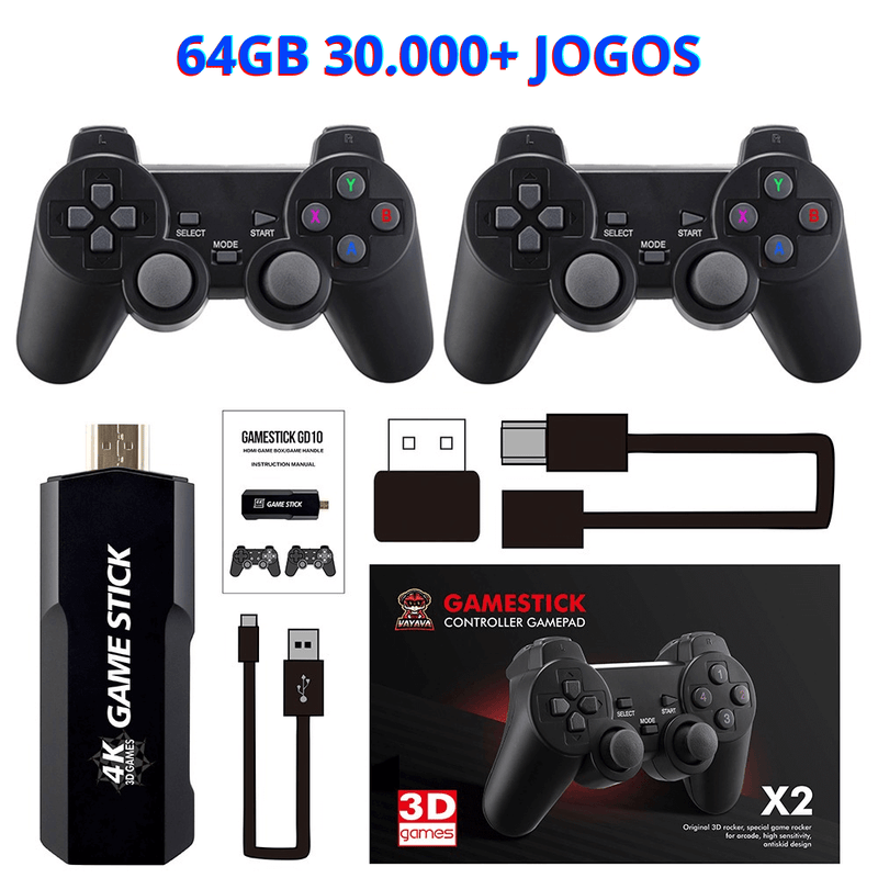 Video Game Diversão Garantida® Retrô Portátil 4K 30.000 Jogos 64GB + 2 Controles Sem Fio